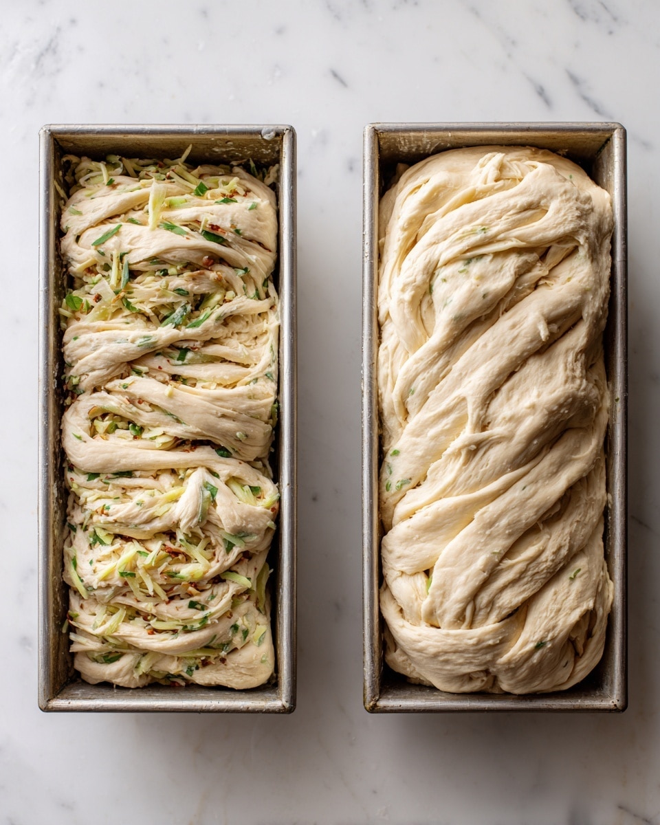 Two side-by-side photos show a metal loaf pan on a white marbled surface. The left photo shows about six layers of folded dough with bits of herb and cheese inside, stacked at the bottom of the pan. The dough is light beige with a soft, slightly uneven texture, and the layers look thick and slightly twisted. The right photo shows the same pan filled almost to the top with many more layers of the same dough, each layer thick and uneven, pressed closely together, revealing small bits of shredded cheese and herbs across the dough’s folds. Photo taken with an iphone --ar 4:5 --v 7