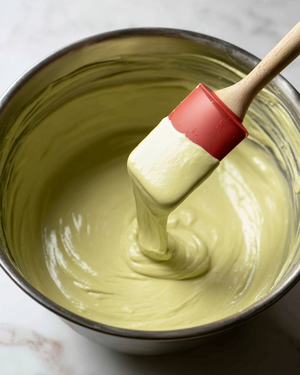 A close-up view of a shiny, thick light green batter with a smooth texture being lifted by a spatula with a wooden handle and a red tip, inside a stainless steel bowl. The batter stretches slightly as it is pulled up, showing its creamy and sticky consistency. The curved sides of the bowl are visible with some batter spread thinly along the edges. The photo is taken over a white marbled texture surface. photo taken with an iphone --ar 4:5 --v 7