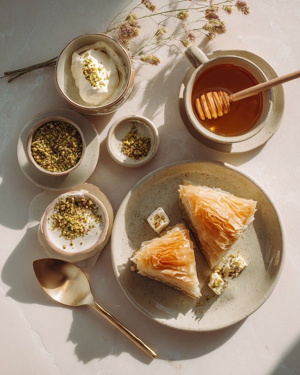 The image shows a round dessert with a shiny golden top and a crust made of thin, crispy layers that look light brown and flaky. The crust curls over the edge and has a slightly glossy finish. The top of the dessert is decorated with small green pistachio slivers and scattered purple rose petals, adding color and texture contrast. The dessert sits on a white plate placed on a white marbled surface, surrounded by small white bowls with walnut halves and rose petals, a knife with a black blade and cream-colored handle, and a beige cloth napkin. Photo taken with an iphone --ar 4:5 --v 7