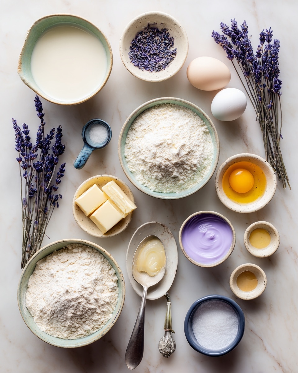 A white pan filled with a pale cream liquid topped with scattered small purple and black dried flower petals, the pan has a light wooden handle with a silver ring near the base, sitting on a white marbled surface. photo taken with an iphone --ar 4:5 --v 7