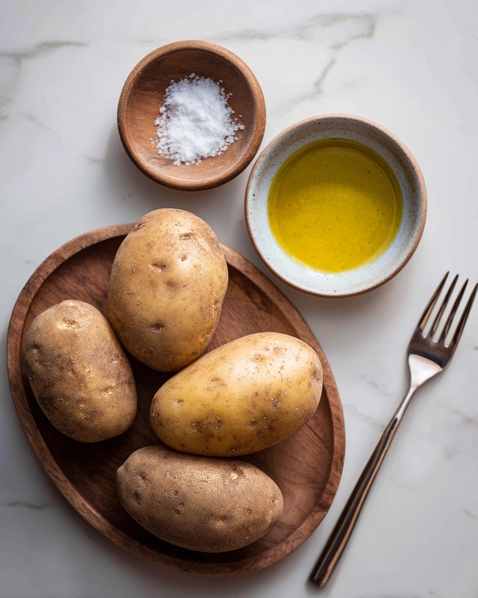 Two medium brown potatoes with rough skin sit side by side inside a round cooking basket with small holes. Each potato is sprinkled with coarse salt, making the surface look grainy and slightly shiny. The basket is inside a larger black cooking appliance, with a small part of its rim visible at the bottom. The photo is taken from above, showing the texture and salt details clearly, all displayed on a white marbled surface. photo taken with an iphone --ar 4:5 --v 7
