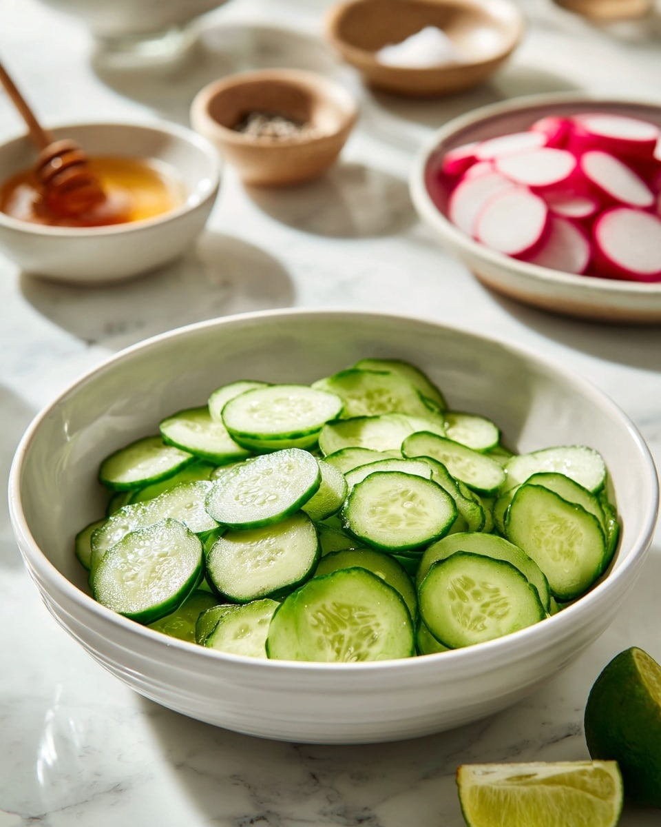 A white bowl filled with two layers of fresh cucumber slices, light green inside with dark green edges, arranged neatly in the bowl. In the background, there are several small ceramic bowls and plates holding various ingredients like sliced radishes, honey, black pepper, and salt, all placed on a table with a white marbled texture. A halved lime sits near the bowls, adding a touch of bright green. The whole setting looks fresh and ready for making a dish. photo taken with an iphone --ar 4:5 --v 7
