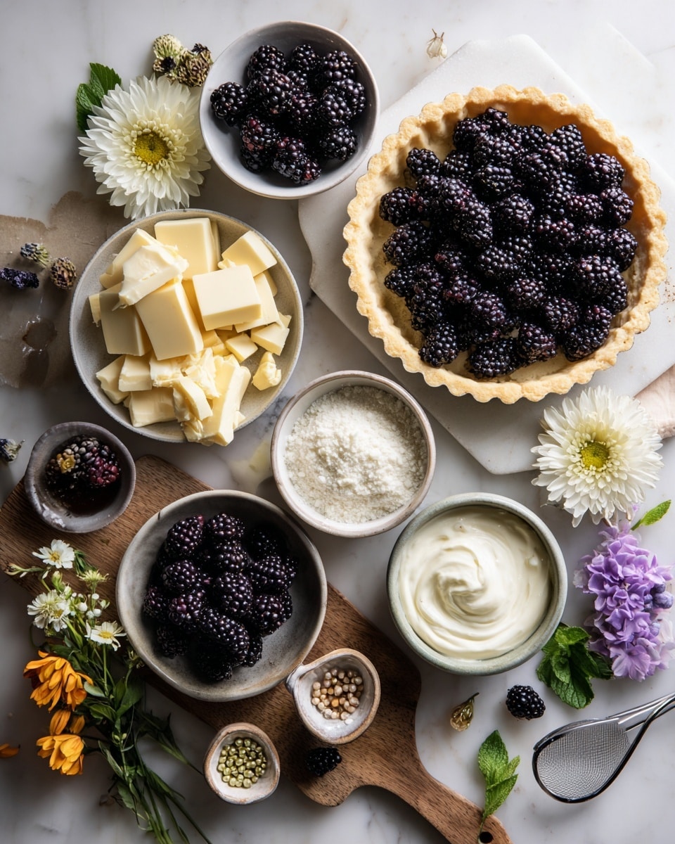 The image shows a tart with three main layers: a light golden brown crust with a slightly scalloped edge, a smooth and thick deep purple filling, and a topping arranged on one side with fresh blackberries, small bright green mint leaves, and vivid purple edible flowers, along with tiny gold pearl-like decorations scattered around. The tart is placed on a white plate, sitting on a white marbled surface. Photo taken with an iphone --ar 4:5 --v 7