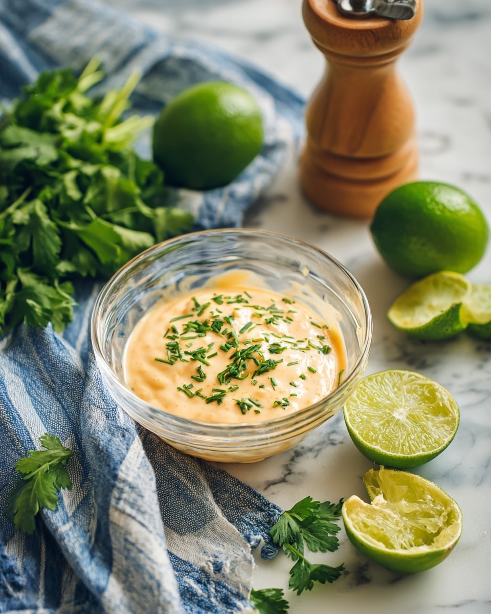 A clear glass bowl with light orange creamy sauce topped with chopped green herbs is placed on a blue and white striped cloth. Next to the bowl, there is a wooden citrus juicer and four bright green limes, one of which is squeezed and hollowed out. Fresh green cilantro leaves are near the limes, all set on a white marbled surface. Photo taken with an iphone --ar 4:5 --v 7
