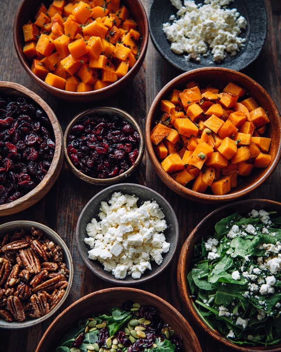A large white plate is filled with a colorful layered salad. The bottom layer is dark green kale leaves, slightly wilted and torn. On top of the kale, there is a layer of roasted orange sweet potato cubes mixed with golden brown chickpeas. Scattered all over are small white crumbles of cheese, bright red dried cranberries, and green pumpkin seeds, creating a vibrant mix of colors and textures. A large silver spoon is placed on the salad, ready to serve, and the plate sits on a white marbled surface with some loose pumpkin seeds scattered around. Photo taken with an iphone --ar 4:5 --v 7