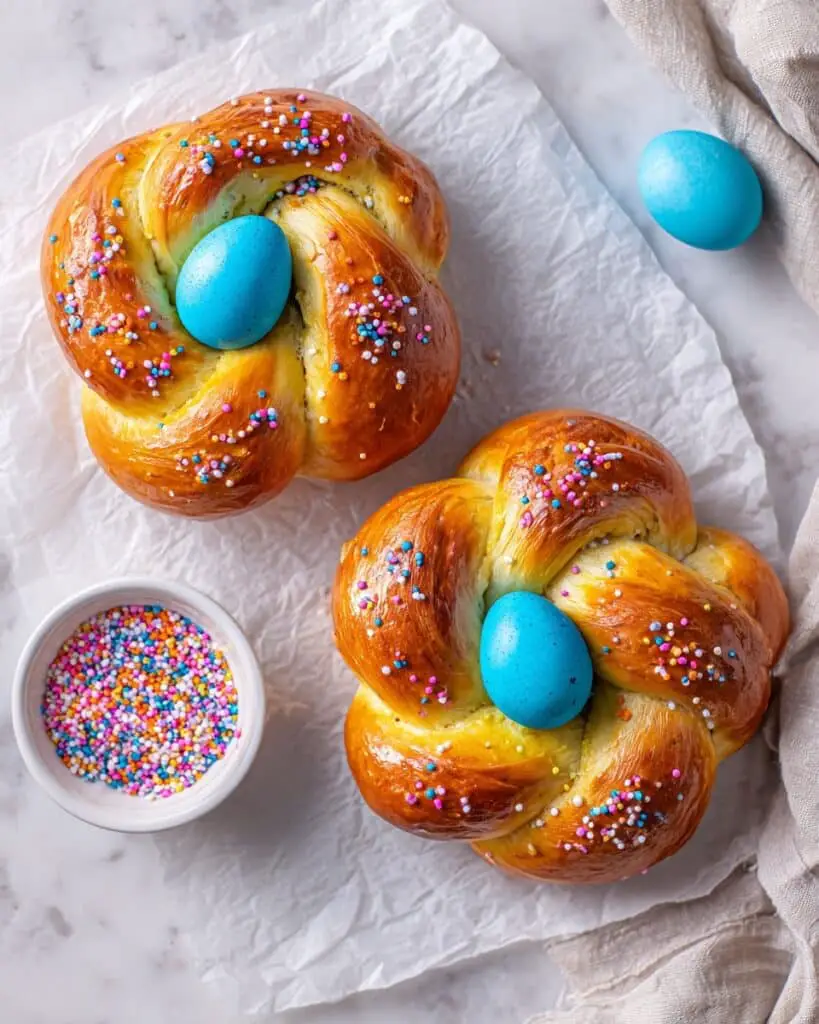 Traditional Italian Easter Bread with Colored Eggs Recipe
