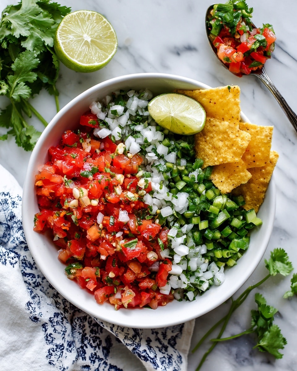 A white bowl filled with a colorful mix of finely chopped diced red tomatoes, white onions, and green cilantro, layered side by side with fresh green jalapeño pieces mixed in. On one side of the bowl, a fresh lime wedge rests, and a single yellow corn chip is placed partly inside the bowl. Around the bowl, a white and light blue patterned cloth sits on a white marbled surface, alongside a halved lime and a few sprigs of fresh green cilantro. In the top right corner, a spoon rests with a small serving of the chopped mixture on it. The photo taken with an iphone --ar 4:5 --v 7