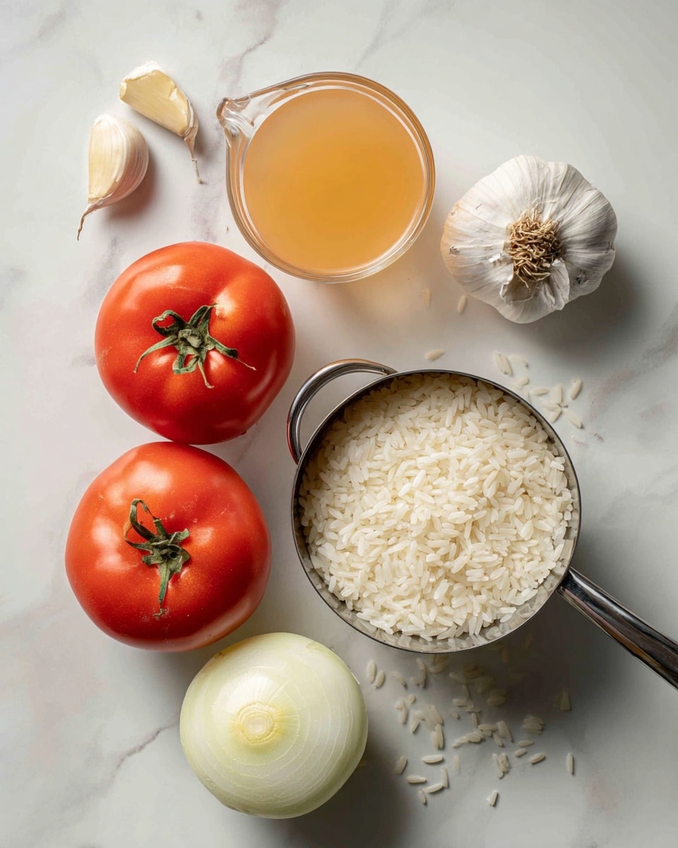 The image shows a white marbled surface with fresh ingredients arranged on it. There are two plump, red tomatoes on the left side, next to a few garlic cloves and a peeled garlic head above them. On the right, a shiny metal measuring cup filled with uncooked white rice is placed near a half-cut yellow onion with light green and white layers visible. Above the rice is a clear glass measuring cup filled with light orange broth. Some rice grains are scattered around the measuring cup. The photo taken with an iphone --ar 4:5 --v 7