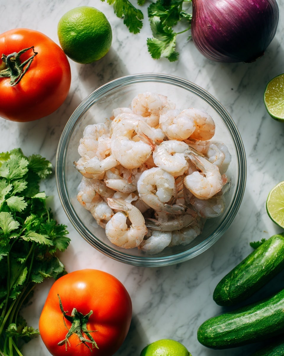 A clear glass bowl in the center holds a pile of peeled shrimp, mostly white with light pink and orange accents, showing a delicate texture and slight curves. Around the bowl is a white marbled surface with fresh vegetables and herbs: two bright red tomatoes with green stems at the bottom left, vibrant green cilantro leaves on the bottom right, two green limes near the top left, a deep purple onion near the top right, an orange pepper under the lime, and two long green cucumbers extending from the middle right. The arrangement is natural and fresh, with bright, natural lighting. Photo taken with an iphone --ar 4:5 --v 7