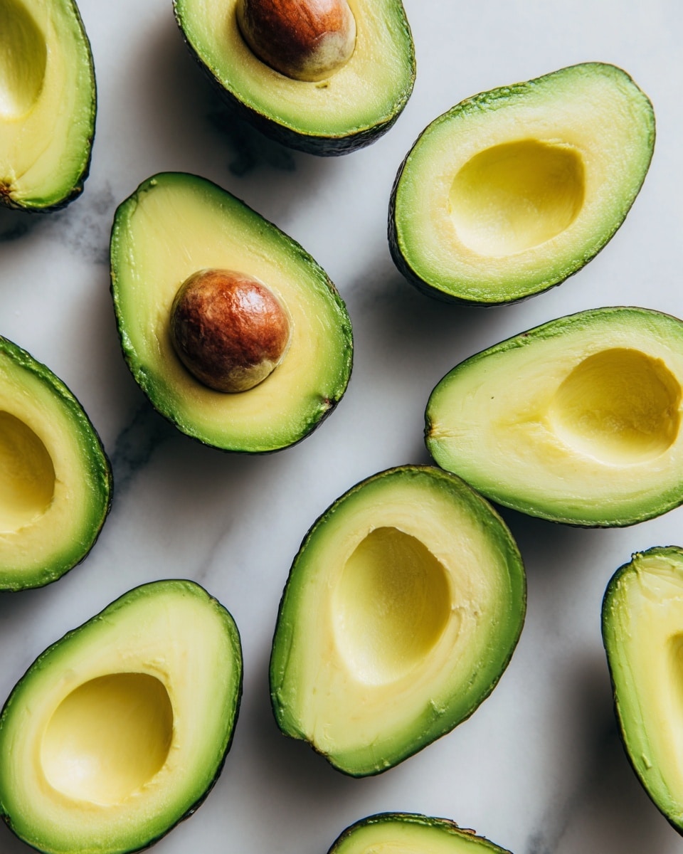 Several avocado halves are spread out on a white marbled surface. Each avocado shows vibrant green flesh with a smooth, creamy texture and a darker green outer skin. Some avocado halves contain a brown seed in the middle, while others have an empty hollow where the seed was removed. The arrangement is casual, with the avocados facing different directions for a natural look. photo taken with an iphone --ar 4:5 --v 7