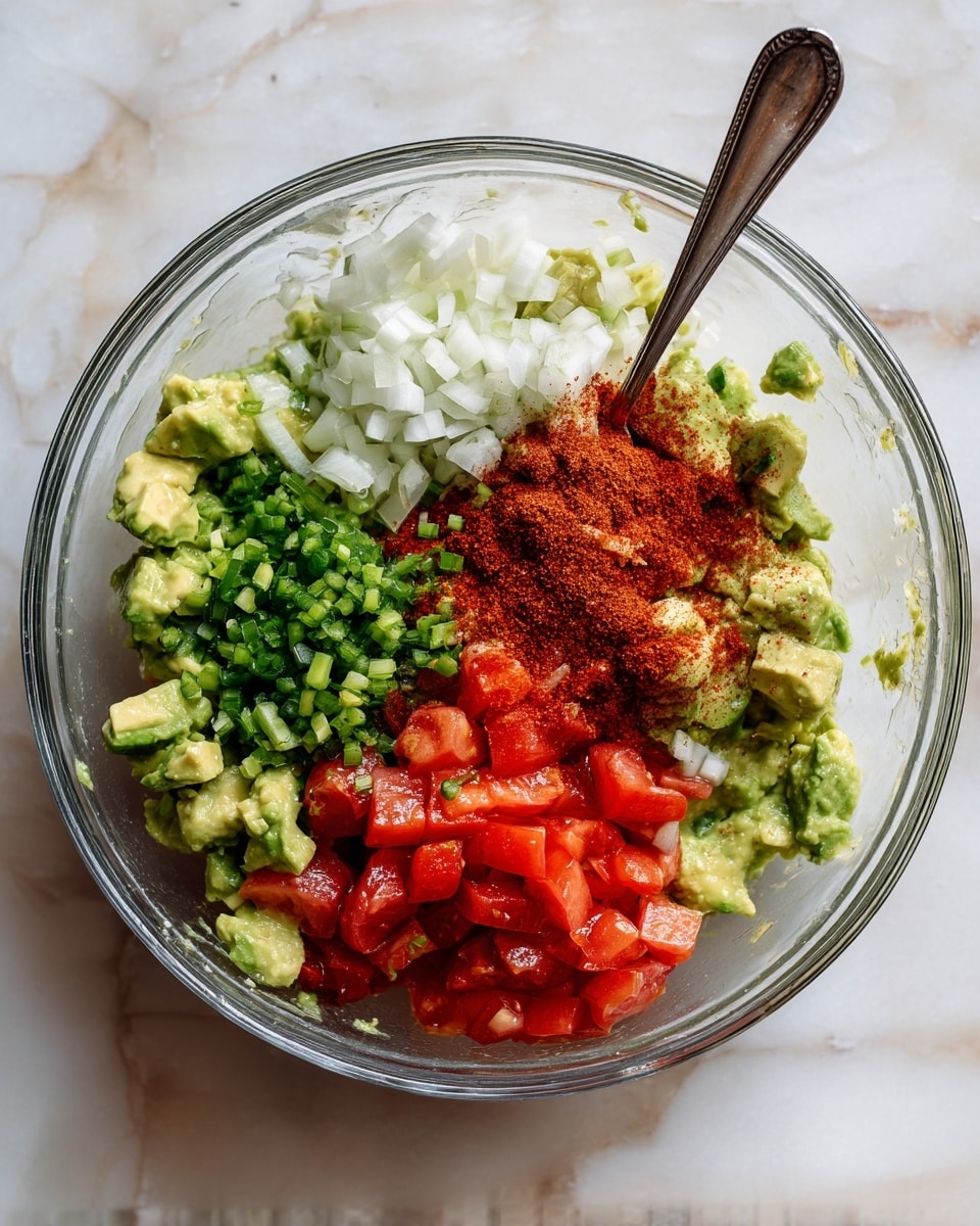 A clear glass bowl holds a mix of fresh ingredients before being stirred; at the bottom, chunky pale green avocado pieces form the base, with a bright red layer of diced tomatoes piled on top towards the front. Above the tomatoes, finely chopped white onions create a soft mound, next to a small heap of finely chopped green peppers. On one side, a reddish-brown powder spice is sprinkled thickly, and a silver spoon rests upright in the mixture. The bowl is placed on a white marbled surface, showing slight smudges of avocado on the edges. photo taken with an iphone --ar 4:5 --v 7