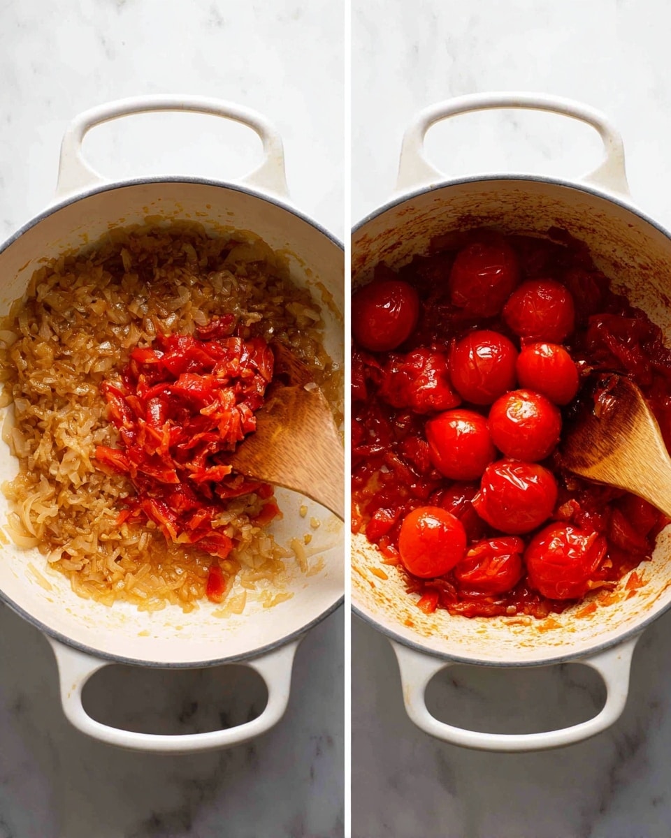 Two side-by-side images show stages of cooking in a white pot on a white marbled surface. The left image displays a layer of finely chopped onions and red bell peppers with a light brown, cooked texture spread unevenly inside the pot, with a wooden spatula resting on the right edge. The right image shows the same cooked onion and pepper base with large, whole peeled tomatoes added on top, bright red and glossy, beginning to mix into the vegetables below. The pot has white handles and a slightly worn interior from cooking photo taken with an iphone --ar 4:5 --v 7
