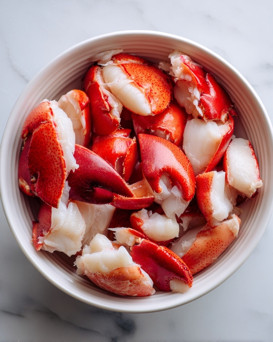 A white bowl filled with bright red cooked lobster claws and large chunks of lobster meat, showing a mix of smooth, shiny red shell pieces and soft, white flesh in irregular shapes. The lobster pieces are piled loosely with some shell edges pointing up, giving a textured and layered look. The bowl has a pattern of raised lines around the sides, and it sits on a white marbled surface. The photo taken with an iphone --ar 4:5 --v 7