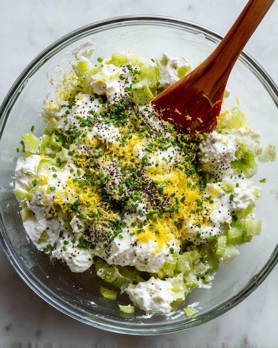 A clear glass bowl sits on a white marbled surface, filled with chopped light green celery pieces at the bottom layer. On top, there are white creamy dollops mixed with grated yellow lemon zest scattered around. Dark green chopped chives are sprinkled over the cream and celery. Freshly ground black pepper adds tiny black specks across the layers. A wooden spoon with a red silicone spatula edge is resting inside the bowl, mixing the ingredients. Photo taken with an iphone --ar 4:5 --v 7