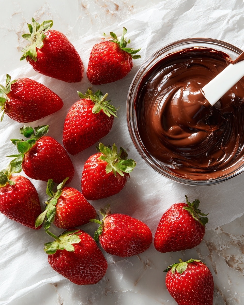 A group of fresh red strawberries with green leafy tops are spread loosely on a white marbled surface with a sheet of white parchment beneath them. In the top right corner, a clear glass bowl holds thick, dark brown melted chocolate, with a white spatula resting in it, coated with the shiny chocolate. The colors contrast vividly against the white marbled background. photo taken with an iphone --ar 4:5 --v 7