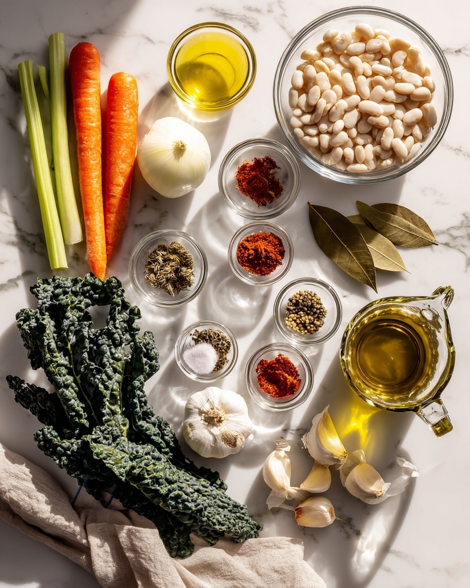 A top view of various fresh ingredients neatly arranged on a white marbled surface, including a large clear glass bowl filled with white beans at top right, a whole white onion sitting below two small glass bowls of yellow olive oil and white vinegar at top left, and two stalks of celery next to two bright orange carrots on the left side. Below the vegetables is a bunch of fresh dark green kale with curly leaves. Seven small glass bowls containing different spices and seasonings are scattered around the center: salt, red pepper flakes, dried herbs, and tomato paste among them. To the right are four peeled garlic cloves and two bay leaves. At the bottom right corner, there is a partially visible glass pitcher with a yellow-green liquid inside and a beige cloth near it. The whole setup is brightly lit, with shadows softly cast, photo taken with an iphone --ar 4:5 --v 7