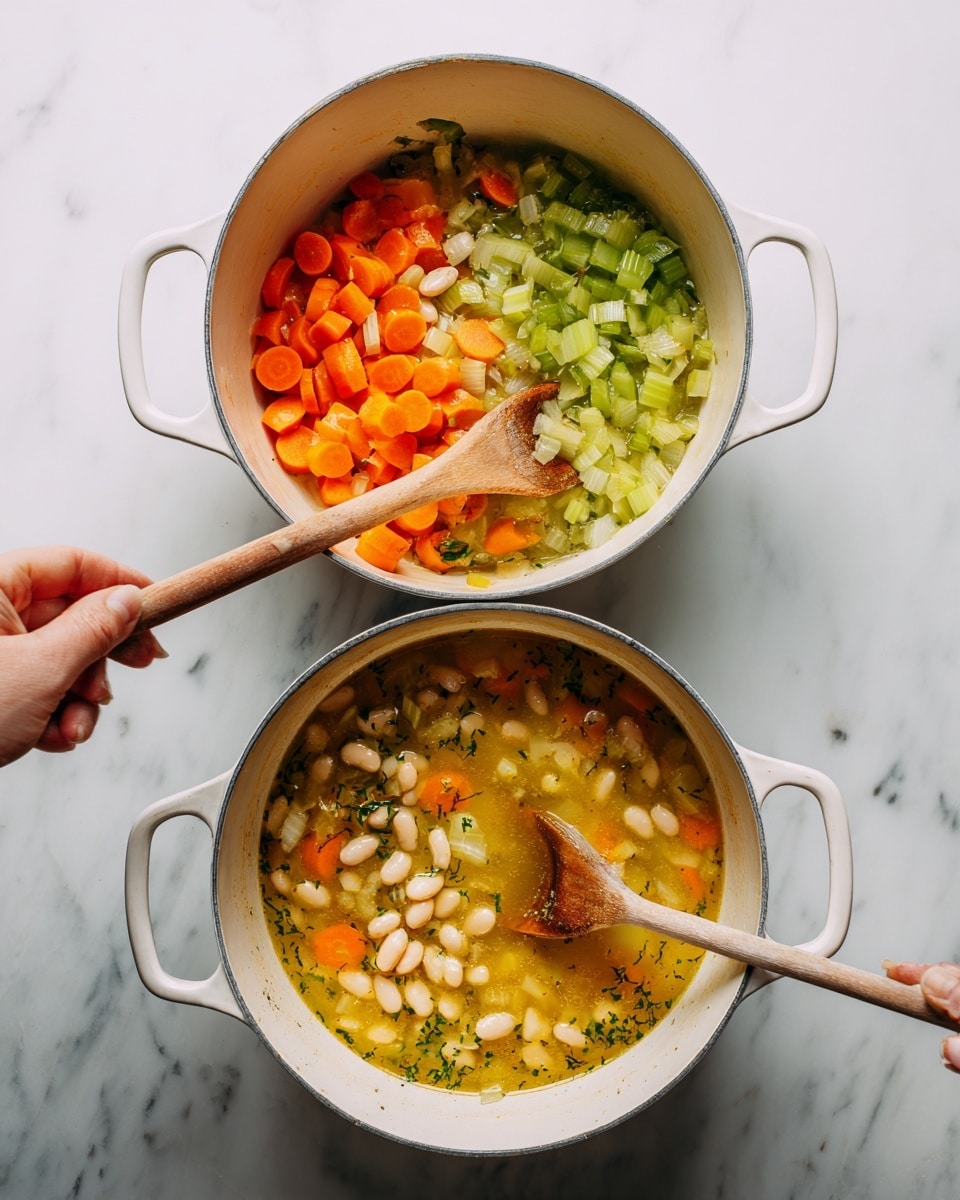 The image shows two white pots with handles, both placed on a white marbled surface. Each pot contains a mixture of ingredients being stirred by a wooden spoon with a long handle, held by a woman's hand. The left pot has a base layer of diced onions, sliced orange carrots, and chopped green celery in a lightly cooked state, with the vegetables filling most of the pot. The wooden spoon stirs this colorful mix, highlighting the texture of the softened vegetables. The right pot shows a thicker mixture, where the same diced vegetables are now in a yellowish broth, layered with white beans scattered throughout, creating a contrast of cream, orange, and green colors. The broth appears seasoned with small herbs and spices, giving a textured look floating on the surface. Both images capture a warm, comforting soup-making scene with clear detail on the vegetables and liquid inside the pots, photo taken with an iphone --ar 4:5 --v 7