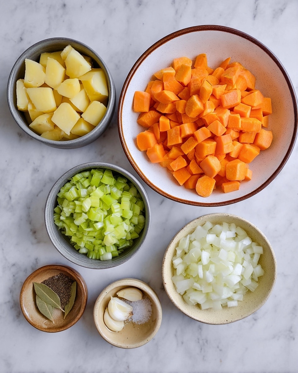 The image shows six bowls with different chopped ingredients on a white marbled surface. The largest bowl is white with a brown rim and holds bright orange carrot pieces cut into chunks. To the top left, a gray bowl contains yellow potato chunks. To the right of that, there is a white bowl filled with diced white onions. Below the potatoes, a small white bowl holds pieces of green celery. At the bottom left, a small brown bowl contains two dried bay leaves, salt, and pepper. At the bottom right, a small beige bowl holds minced garlic. The colors are vibrant and the bowls are spaced out evenly. photo taken with an iphone --ar 4:5 --v 7