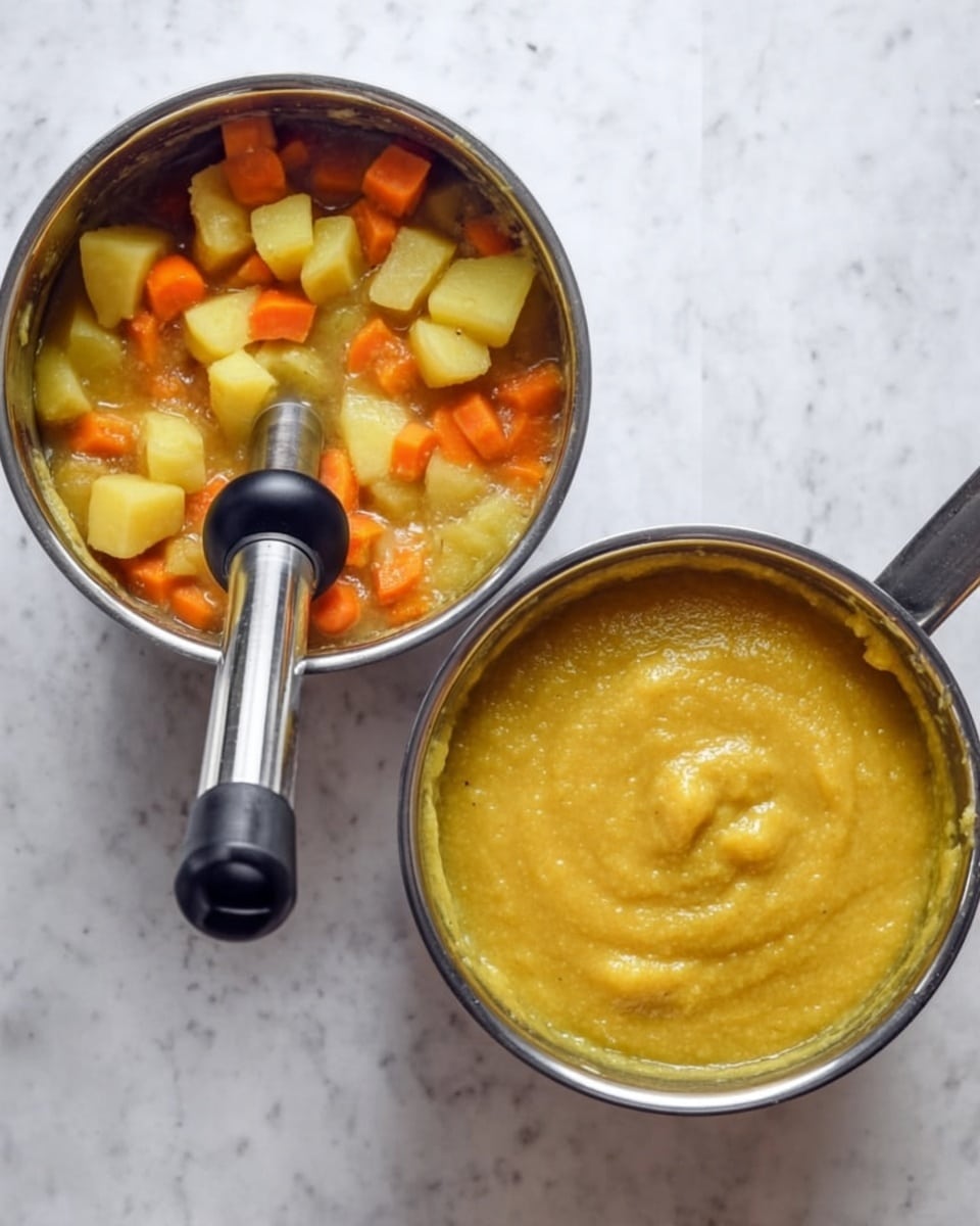 The image shows two small pans on a white marbled surface. The first pan is filled with a chunky mix of vegetables, including large pieces of yellow potatoes and orange carrots in a light brown liquid. A silver immersion blender is inside the pan, hovering above the mix. The second pan contains a smooth yellow puree being blended by the immersion blender. The texture looks creamy and thick, with no visible chunks. photo taken with an iphone --ar 4:5 --v 7
