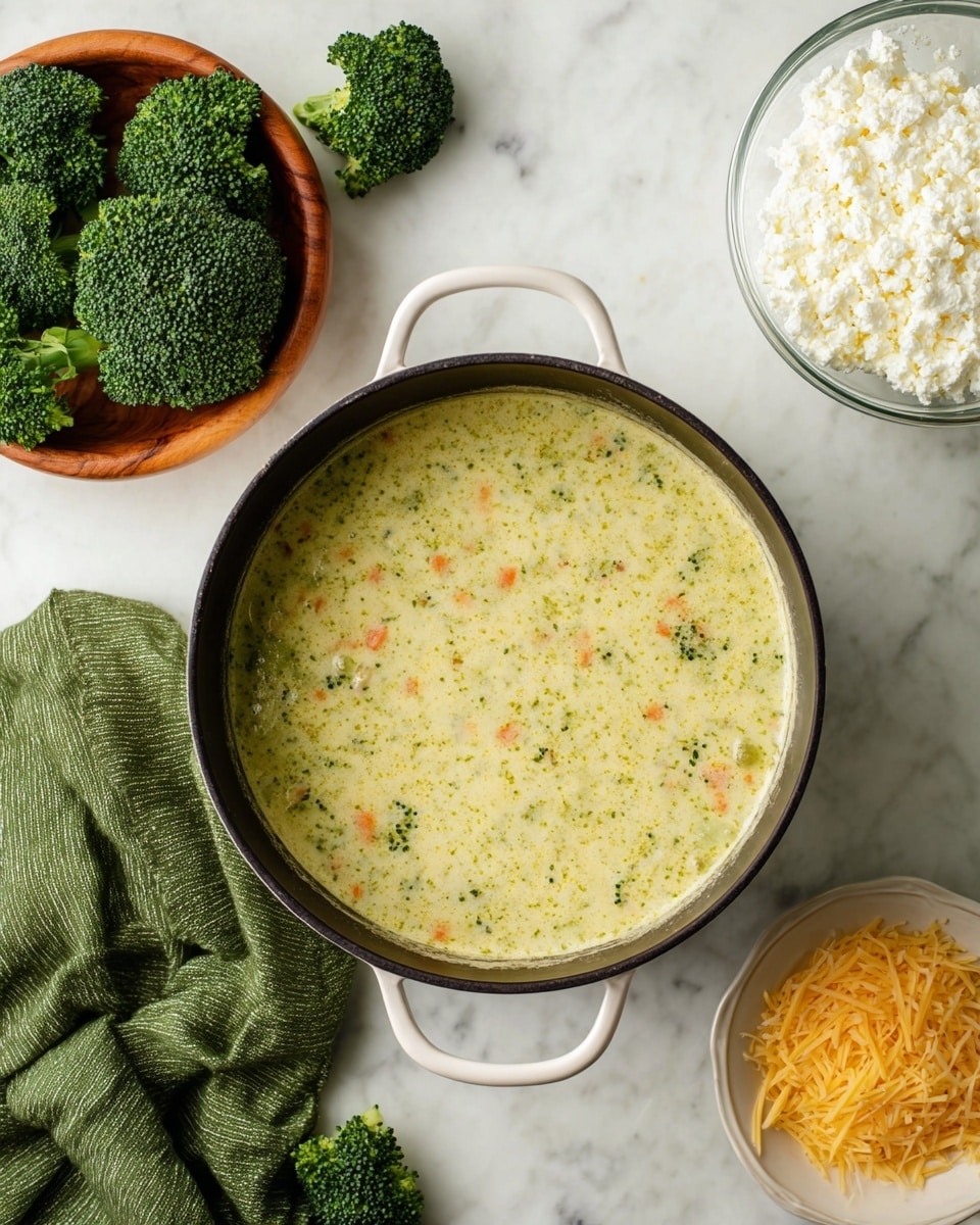 A pot of creamy broccoli soup sits centered on a white marbled surface. The soup is light green with small pieces of broccoli and carrot evenly mixed throughout its smooth texture. To the left, fresh dark green broccoli florets rest both in a wooden bowl and individually on the surface. Above the pot, a clear glass bowl holds white cottage cheese with a slightly lumpy texture. Below to the right, a small white plate has pale yellow shredded cheese. A green cloth is casually placed on the lower left corner of the white marbled surface. Photo taken with an iphone --ar 4:5 --v 7