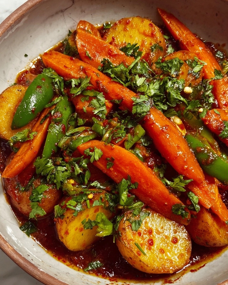 The image shows a close-up of a cooked vegetable dish in a bowl with a white marbled background. The dish has multiple layers with thick carrot sticks in bright orange as the top layer, scattered green chili peppers, and round, sliced potatoes with a golden-brown color underneath. The vegetables are covered with a dark red spicy sauce that looks thick and shiny. Fresh chopped green herbs are sprinkled generously over the top, adding a fresh bright green contrast. The textures vary from soft cooked vegetables to the smooth wet sauce all mixed together. Photo taken with an iphone --ar 4:5 --v 7