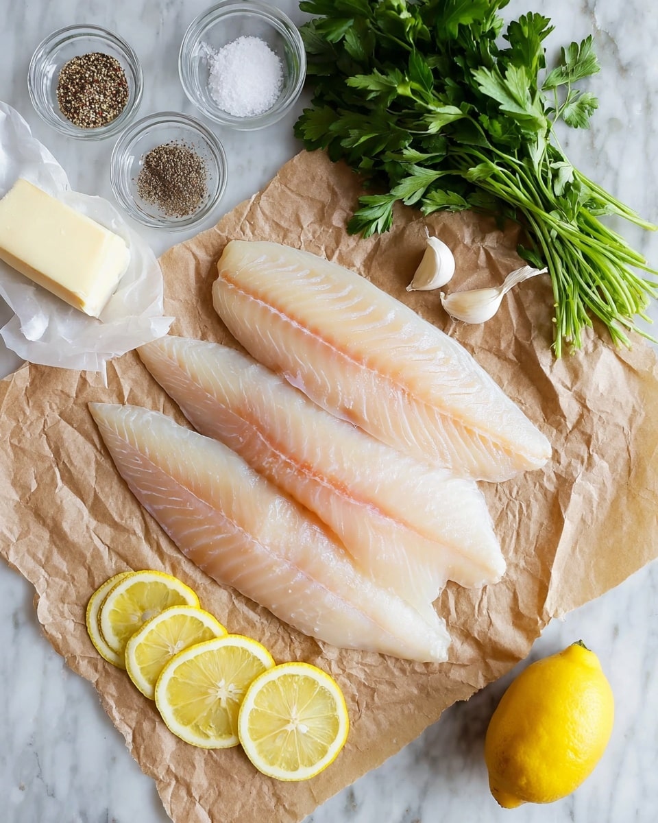 The image shows four white round plates on a white marbled surface, each plate holding a serving of light golden cooked fish fillets with small green herb pieces sprinkled on top. Each fillet is topped with a single round slice of slightly browned lemon. Next to the fish, there is a neat bundle of bright green cooked green beans with visible seasoning. Around the plates, glasses of light yellow-greenish drink and rose gold forks are placed, along with small clear bowls of black pepper and salt. The whole setting looks bright and fresh, with food arranged neatly and evenly across the plates. photo taken with an iphone --ar 4:5 --v 7