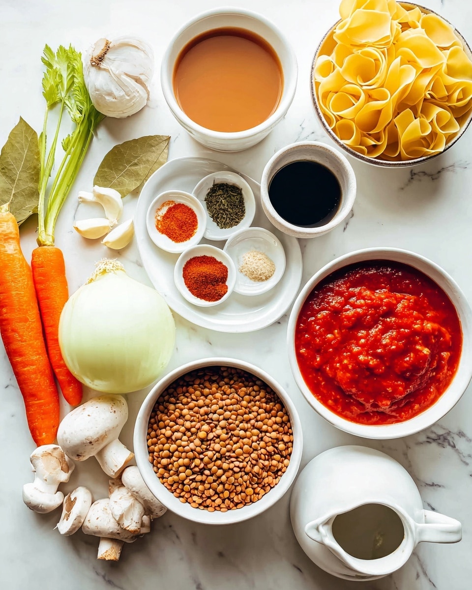 A close-up view of a large pan filled with thick, flat pasta noodles tossed in a rich, red lentil tomato sauce. The pasta noodles are light yellow, twisted and mixed evenly through the chunky sauce made of small lentils and finely chopped vegetables. Bright green fresh basil leaves are scattered on top, adding a pop of color. A wooden spoon is lifting a tangle of noodles and sauce, showing the texture of the sauce and pasta intertwined. The pan sits on a white marbled surface. Photo taken with an iphone --ar 4:5 --v 7