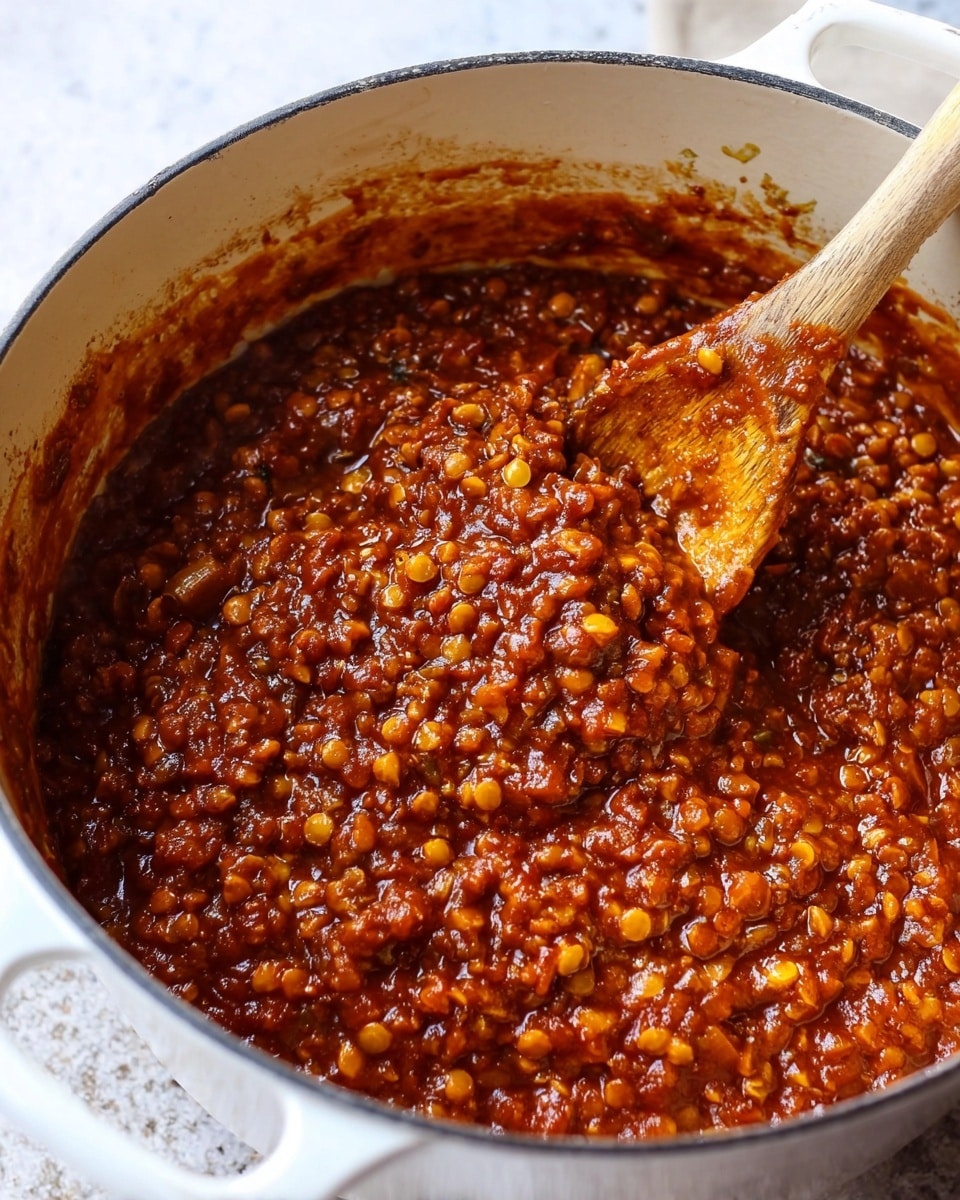 The image shows a close-up of a thick stew-like dish in a white pot. The dish has a rich, dark reddish-brown color with soft chunks and small yellowish lentils mixed throughout. There is a wooden spoon stirring the mixture, coated with the thick sauce. The texture looks hearty and chunky, with visible pieces of softened vegetables blending into the sauce. The pot sits on a white marbled surface. photo taken with an iphone --ar 4:5 --v 7