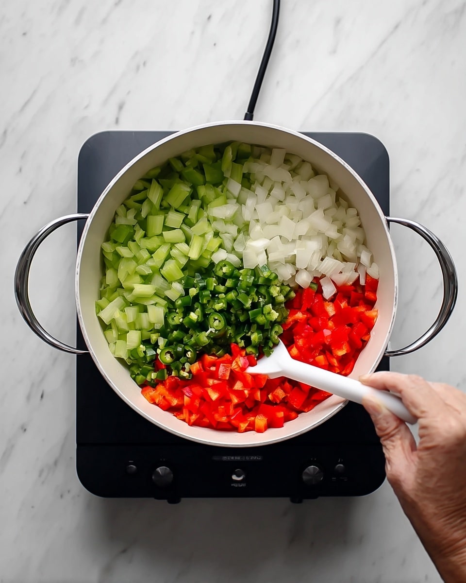 A top view of a white pot with two silver handles placed on a black electric stove on a white marbled surface. Inside the pot, four types of chopped vegetables are arranged in separate sections: bright green celery pieces on the top left, white onion pieces on the top right, dark green chopped jalapeño on the bottom right, and red chopped bell pepper on the bottom left. A woman's hand is holding a white utensil inside the pot, mixing the vegetables. Photo taken with an iphone --ar 4:5 --v 7