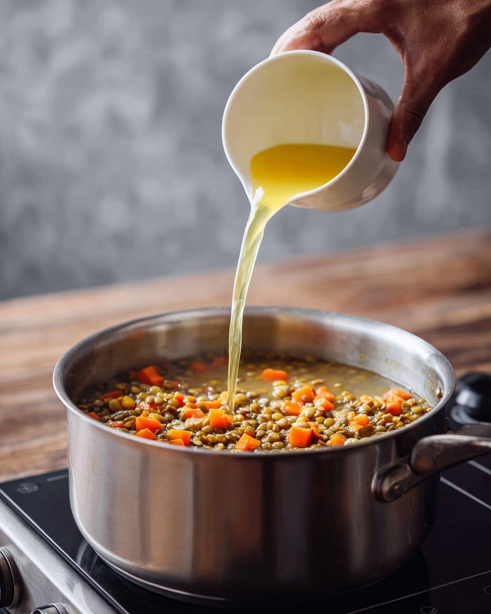 The image shows a silver pot filled almost to the top with a mixture of small round lentils and diced orange carrots in a clear broth. A man's hand is holding a white cup above the pot, pouring a golden yellow liquid into it. The pot sits on a black stove with visible control buttons, and the background is a wooden surface in front of a gray textured wall. photo taken with an iphone --ar 4:5 --v 7