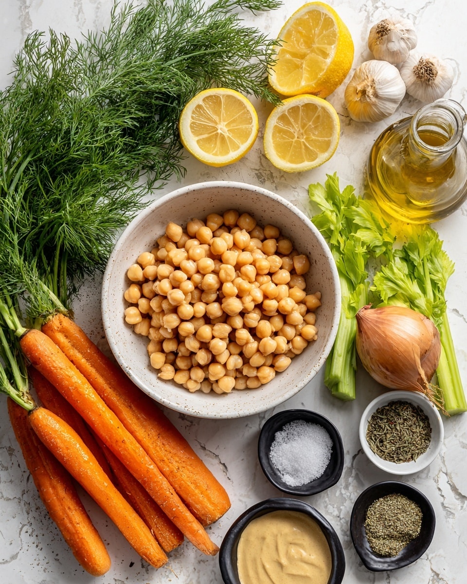 A white bowl filled with light brown chickpeas sits in the center of the image, surrounded by fresh ingredients on a white marbled surface. To the left of the bowl, there is green dill with soft leafy textures, two lemon halves showing bright yellow inside, and a glass bottle of golden olive oil. To the right of the bowl, there are three fresh orange carrots lying side by side, a bunch of vibrant green celery stalks with leaves, a whole brown onion with rough skin, a bulb of garlic, a small round black bowl with coarse salt and pepper, a smaller bowl with dried oregano, and a white bowl filled with creamy tahini sauce. The colors are vibrant and clear, showing fresh and natural textures. Photo taken with an iphone --ar 4:5 --v 7