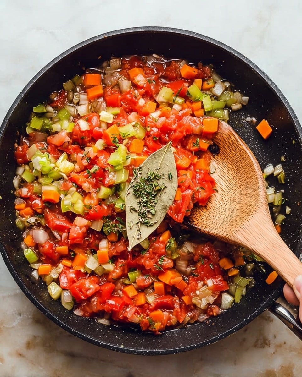 A black pan filled with a colorful mix of diced red tomatoes, bright orange carrot pieces, chopped green celery, and translucent white onions. There is a single large dried bay leaf resting on top near the center. A wooden spoon with a natural wood texture is placed inside the pan, angled from the right side with a woman's hand holding the spoon. The pan sits on a white marbled surface, and the vegetables look fresh and chunky, with a few scattered green herbs mixed in. Photo taken with an iphone --ar 4:5 --v 7