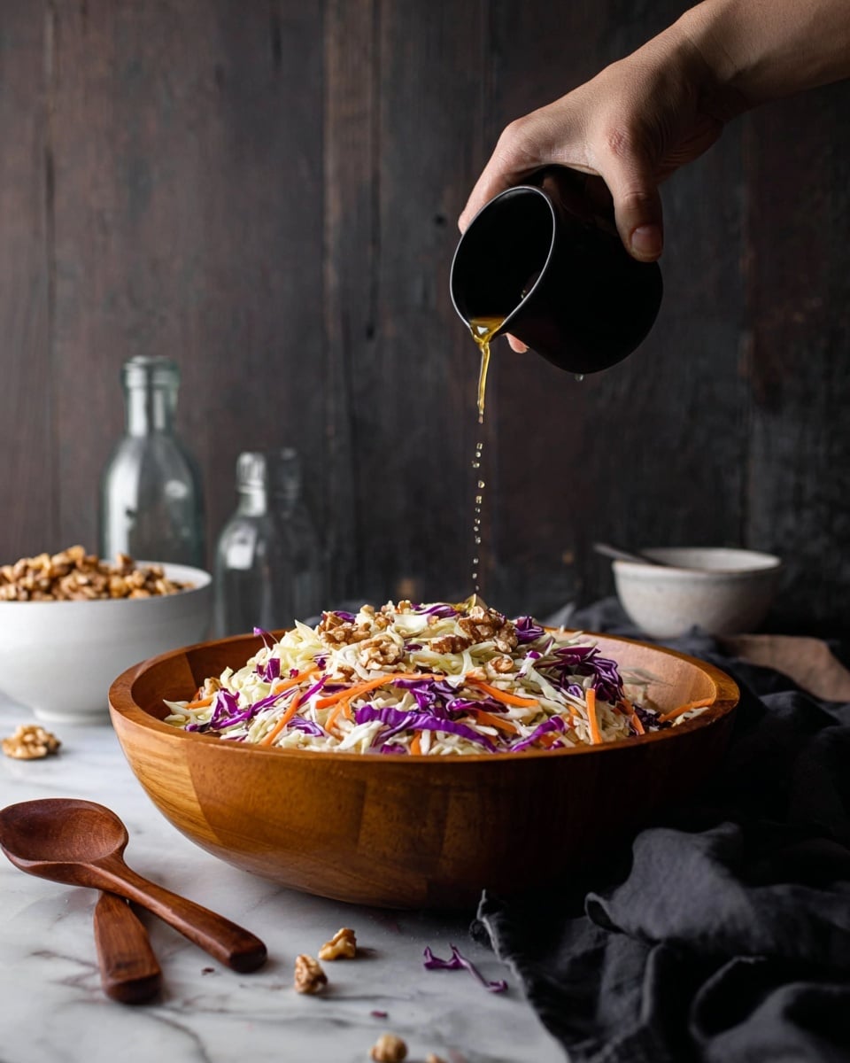 A large wooden bowl filled with shredded layers of white and purple cabbage mixed with thin strips of orange carrot, topped lightly with scattered walnuts. To the side sits a white bowl full of walnut halves and a small white pitcher holding a light brown dressing with a spoon inside. A dark striped cloth lies beside the bowl, all placed on a white marbled surface. photo taken with an iphone --ar 4:5 --v 7