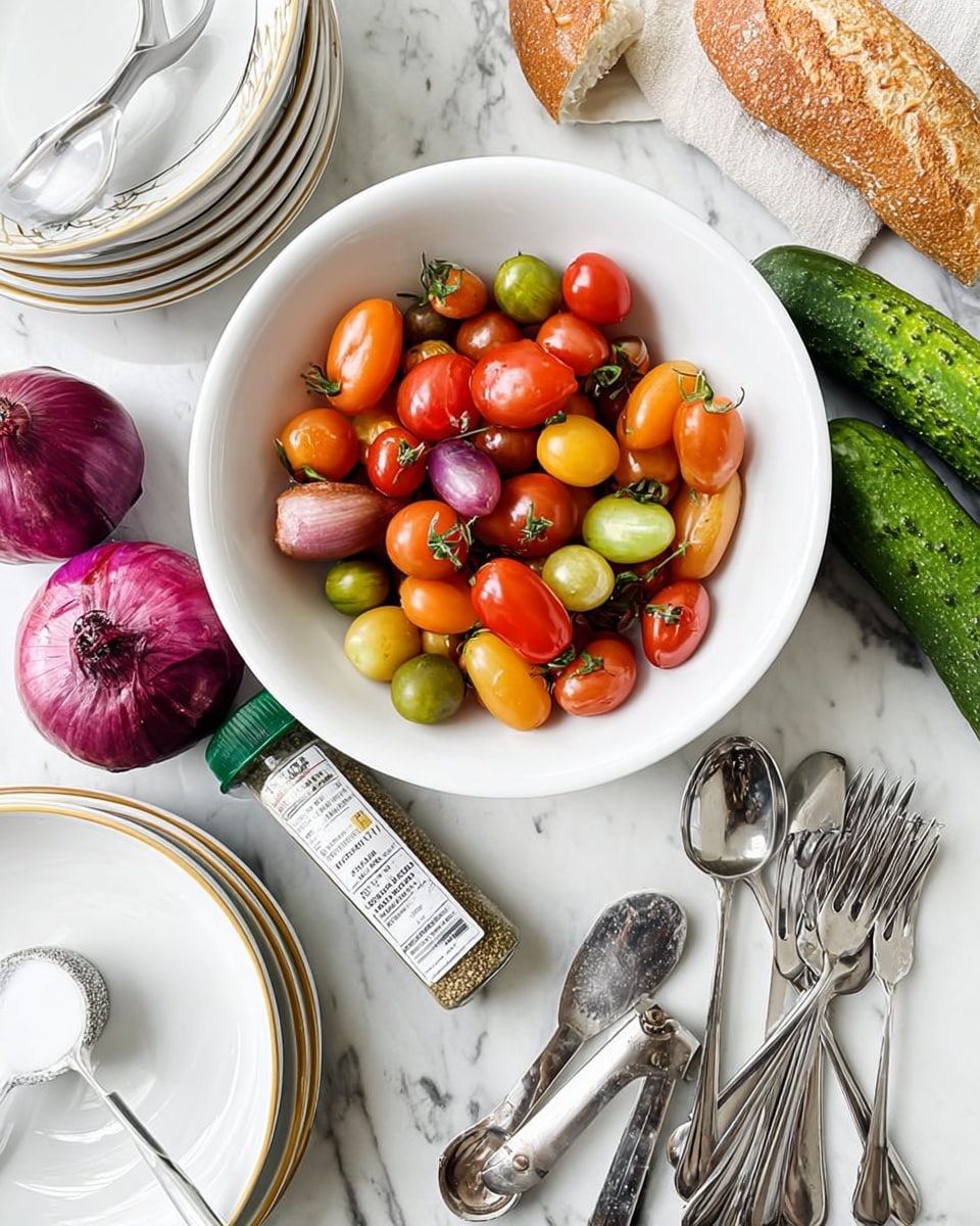 A white bowl filled with a mix of colorful tomatoes of different shapes and sizes, including small round red, orange, yellow, and purple tomatoes, along with a few elongated orange and yellow ones. The bowl sits on a white marbled surface. Nearby, there are two whole red onions with purple skin, a whole green cucumber, a small clear bottle of Italian seasoning with a green cap, stainless steel measuring spoons, stacked white bowls with gold rims, and a few pieces of crusty bread. There are also some silver forks and spoons arranged neatly to the side. The scene is bright and fresh, emphasizing the vibrant colors and textures of the fresh vegetables and kitchen tools. photo taken with an iphone --ar 4:5 --v 7