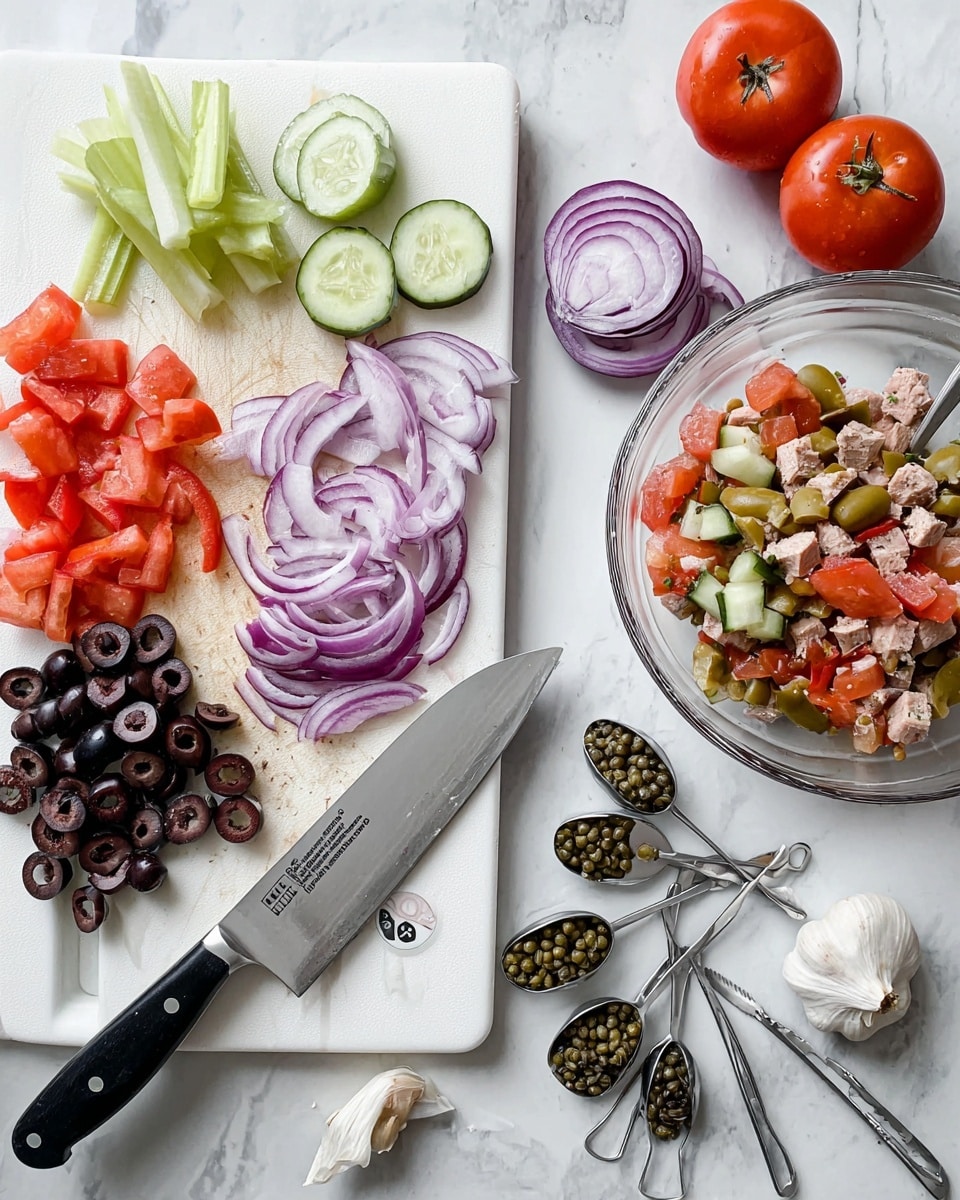 The image shows a white cutting board on a white marbled surface with various fresh ingredients neatly arranged around it. On the board are slices of red onion, black olive halves and whole black olives, as well as some chopped red tomatoes on the left side. Above the board, there are slices of pale green celery pieces and half a red onion with purple outer layers. Next to the cutting board is a clear glass bowl filled with a mixed salad of diced cucumbers, tomatoes, and light brown chunks, possibly tuna or chicken. Two whole red tomatoes and a garlic clove sit on the white marbled surface nearby. Several measuring spoons filled with small green capers lie at the bottom of the cutting board. A large kitchen knife with a black handle is positioned diagonally on the left edge of the cutting board. A woman’s hand is not present, showing only the ingredients and tools. The photo taken with an iphone --ar 4:5 --v 7