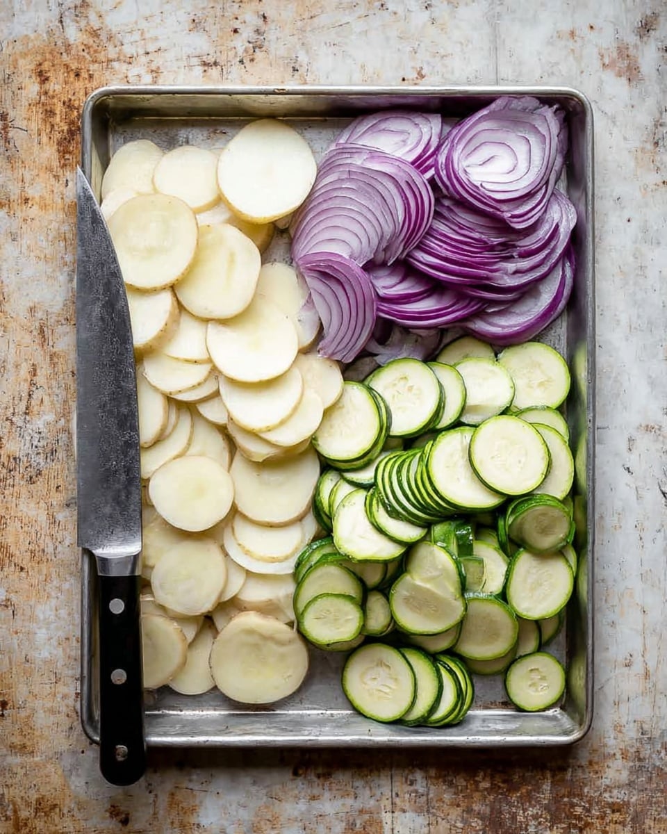 A rectangular metal tray holds three sections of sliced vegetables arranged side by side on a white marbled surface. On the left, there are thin, round white slices of potato, slightly overlapping each other. In the middle top, there are semi-circular slices of bright purple onion, neatly stacked in a row. On the right, there is a pile of thin, round slices of green zucchini, showing their light green inner flesh and darker green outer skin. A large knife with a black handle lies on the left side of the tray resting on the potatoes and onions. The tray and knife rest on a worn, textured surface. photo taken with an iphone --ar 4:5 --v 7