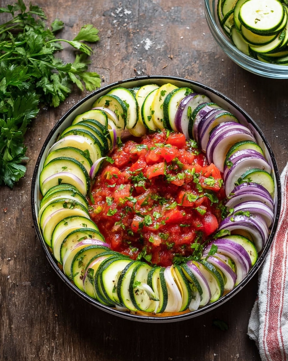A round pan is filled with neatly layered vegetable slices arranged in a circle. Starting from the edge, there is a layer of green cucumber slices, then a layer of pale yellow zucchini slices, both mixed with small bits of green herbs. Inside that ring, there are thin purple onion slices spread evenly. In the center, there is a thick layer of bright red chopped tomatoes with some herbs on top. The pan sits on a dark wood surface with a sprig of green parsley beside it and a glass bowl with similar green vegetable slices in the top right corner. photo taken with an iphone --ar 4:5 --v 7