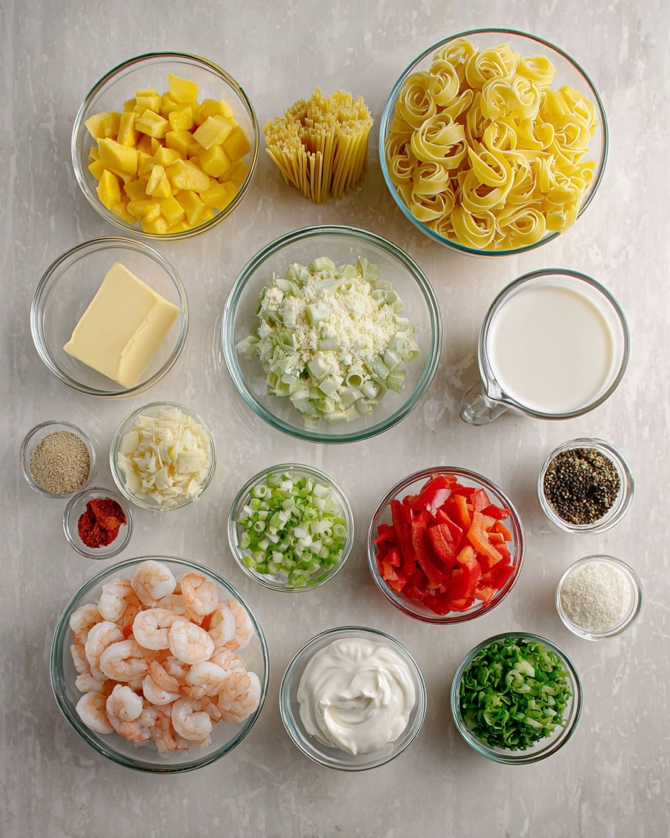 A black pot with blue handles is filled with pieces of light-colored seafood mixed with small bits of green celery and red bell pepper, all cooked in a glossy yellow oil or broth. The seafood pieces show a soft texture with some slight browning, scattered evenly throughout the mixture. The pot sits on a white marbled surface, giving a clean and bright background. Steam rises gently from the pot, showing the dish is hot and fresh. photo taken with an iphone --ar 4:5 --v 7