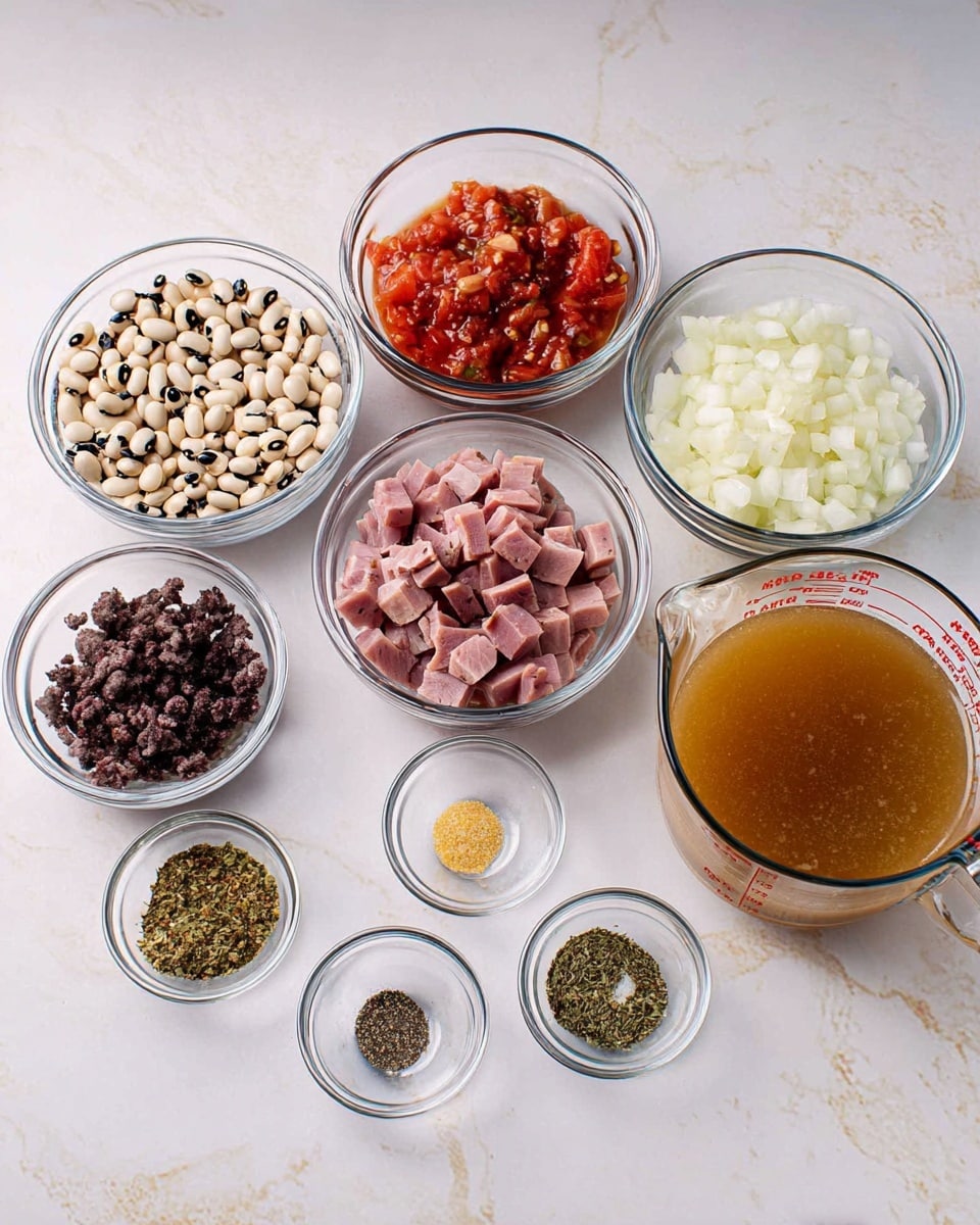 A white plate holds a single layer of cooked black-eyed peas mixed with small chunks of reddish-brown cooked vegetables or meat across a white marbled surface. The plate is positioned in front of a shiny silver crockpot, slightly blurred in the background, with a silver fork lying to the right of the plate. A white cloth with green and orange dashed stripes is casually draped to the left side near the plate. The whole scene is bright and clean. photo taken with an iphone --ar 4:5 --v 7