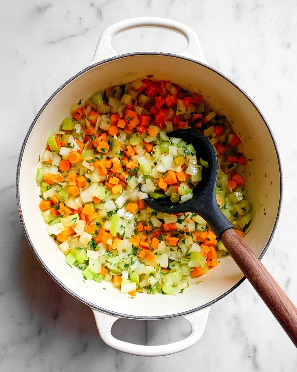 A white pot with two handles contains diced vegetables in three layers: orange carrots, light green celery, and translucent white onions mixed with small green herbs, all sautéed and spread evenly inside the pot. A black ladle with a wooden handle rests inside the pot, holding some of the diced vegetables. The pot is placed on a white marbled surface with soft lighting highlighting the fresh colors of the vegetables. Photo taken with an iphone --ar 4:5 --v 7