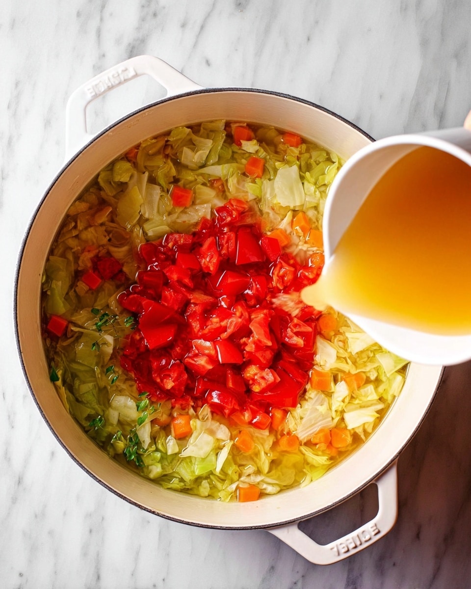 A white pot filled with soup showing three visible layers: at the bottom, light green chopped cabbage pieces mixed with small orange carrot cubes; in the middle, a clear golden broth; on top, a bright red pile of diced tomatoes sitting in the center. A white container held by a woman's hand pours more light orange broth into the pot from the right side, all set on a white marbled surface. Photo taken with an iphone --ar 4:5 --v 7