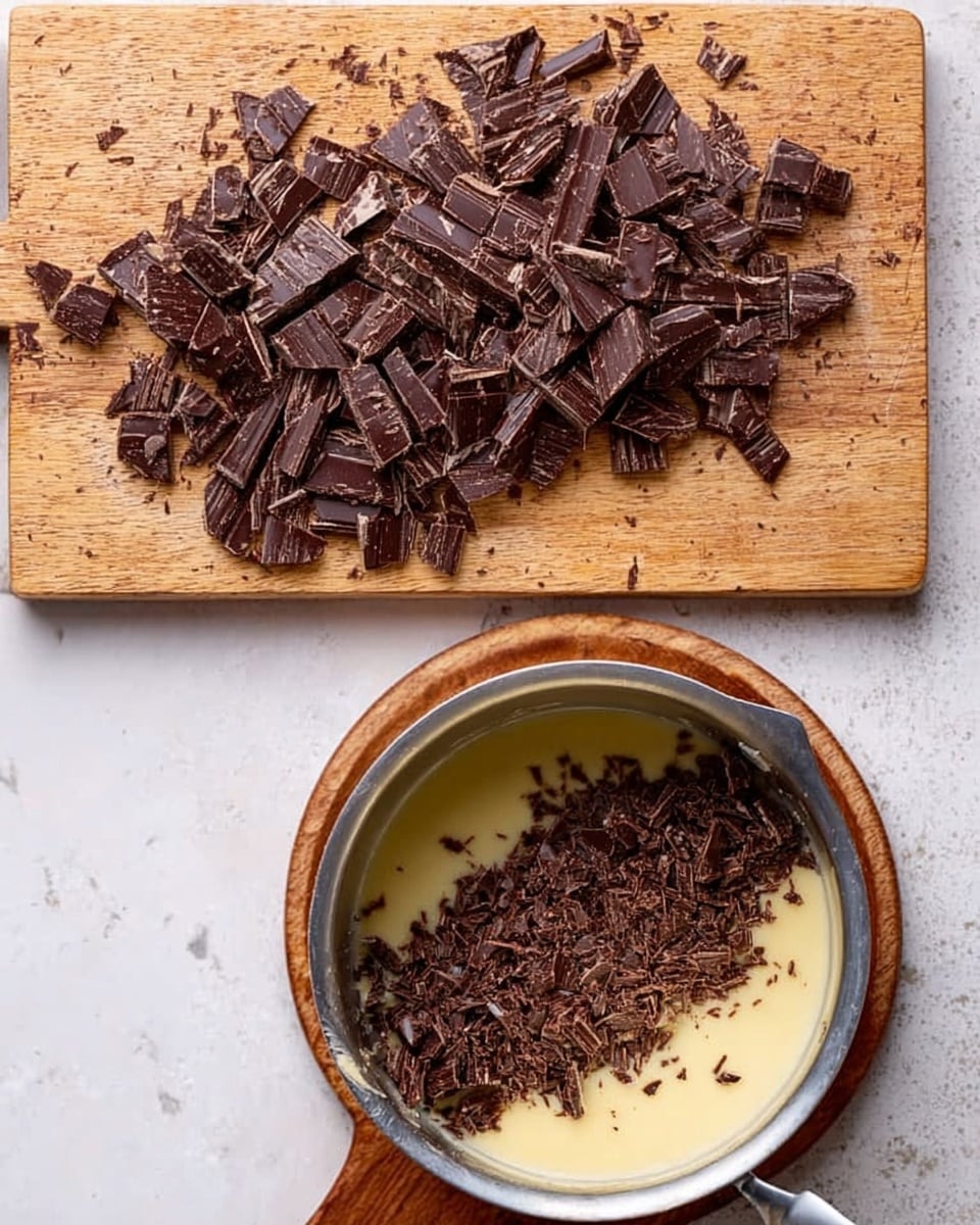 The image shows two parts: the top part has a wooden cutting board with many pieces of dark brown chocolate broken into uneven small and medium chunks scattered across the board, with a white marbled surface underneath. The bottom part shows a silver pot placed on a round wooden board, inside the pot there is a creamy light yellow mixture partially covered by the broken chocolate pieces on one side. The whole scene sits on a white marbled surface with a small corner of the wooden cutting board visible. Photo taken with an iphone --ar 4:5 --v 7