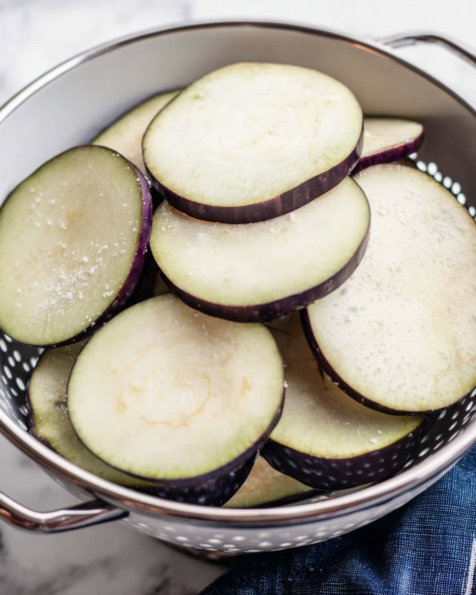 The image shows several thick round slices of eggplant stacked in a white colander. The eggplant slices have pale greenish-white centers with dark purple skins around the edges. The colander is placed on top of a white marbled surface, and a navy blue cloth is visible near the bottom right corner. The slices look moist and sprinkled with small grains of salt. Photo taken with an iphone --ar 4:5 --v 7