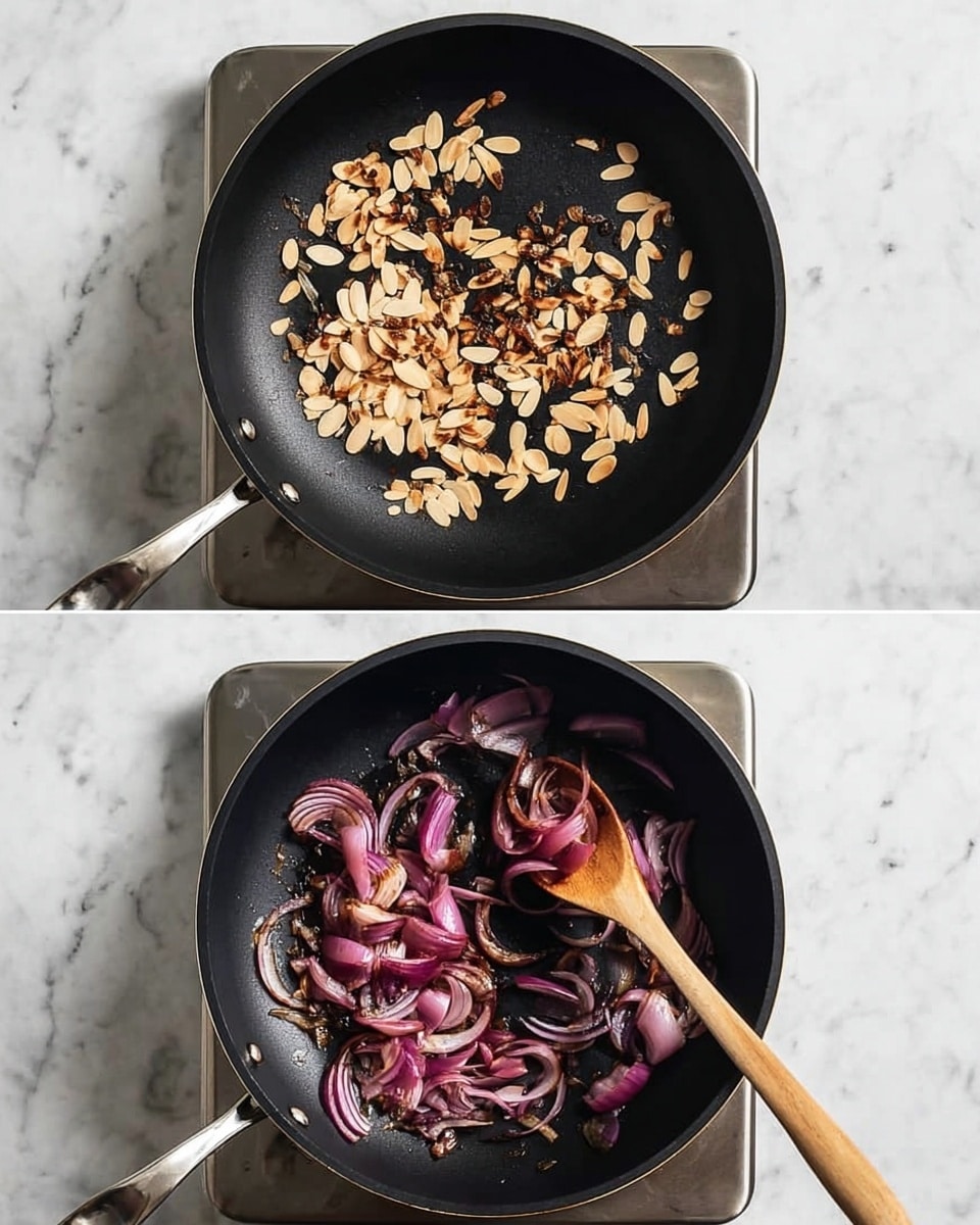 The image shows two parts in one frame, both featuring a black frying pan on a silver stove with a white marbled surface underneath. The top part shows the frying pan with lightly toasted slivered almonds spread across its smooth black surface, some golden brown and others pale. The bottom part displays the same pan now filled with red onion slices that appear soft and slightly caramelized, with a wooden spoon resting inside as if stirring, the onions turning translucent and pinkish-purple in color. The scene is clean and well-lit, bringing out the textures of both the almonds and onions clearly. Photo taken with an iphone --ar 4:5 --v 7