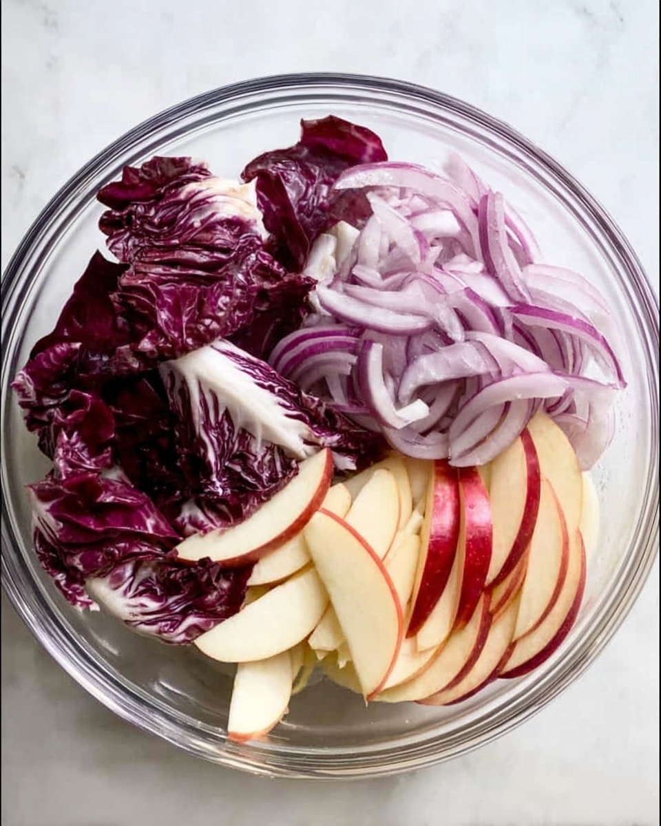 The image shows fresh ingredients arranged on a wooden surface with a white marbled background. In the front, there are two small clear bowls: one filled with walnut pieces, light brown with a rough texture, and another holding thin, white and purple onion slices. Behind them, two heads of radicchio sit side by side, showing deep purple leaves with white veins. To the left, a bright orange fruit with a textured peel and two greenish-yellow pears with brown stems are visible. Behind the fruits, there is a small jar of spice with a black lid, a tall white bottle of olive oil, and a glass jar filled with fresh parsley leaves. The overall scene looks fresh and colorful, focusing on natural textures and colors. photo taken with an iphone --ar 4:5 --v 7