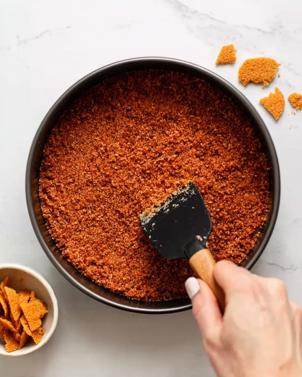 A woman's hand is using a black spatula with a wooden handle to press down a single, even layer of finely crumbed, reddish-brown crust inside a round black pan. The crust has a grainy texture and covers the entire base of the pan smoothly. The pan sits on a white marbled surface, next to a few broken orange biscuit pieces. Photo taken with an iphone --ar 4:5 --v 7