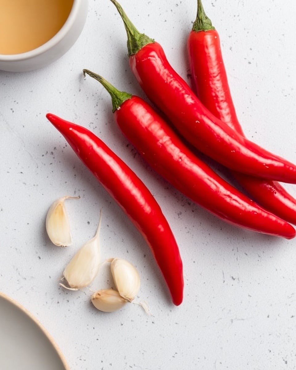The image shows four bright red chili peppers arranged diagonally on a white marbled surface. Near the bottom left corner of the image, there are three cloves of garlic placed loosely in a small cluster. Part of a light-colored liquid in a white bowl is visible at the top left corner, and a white plate is seen at the bottom left corner with only a small edge showing. The scene is bright and simple with a clean, fresh look. Photo taken with an iphone --ar 4:5 --v 7