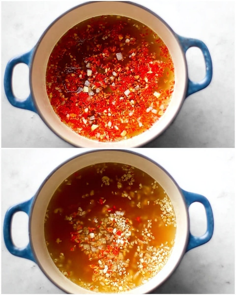 The image shows two close-up views of a white pot with blue handles on a white marbled surface. Inside the pot, there is a liquid with floating small white and red pieces. The top part of the image has more red bits mixed with white, creating a textured layer where the red parts look like finely chopped vegetables or spices floating on the surface. The bottom part shows a clearer broth with fewer solid pieces, mainly small white grains and some tiny red bits, making the liquid look lighter and less dense. Both layers have a shiny, slightly oily surface reflecting light. photo taken with an iphone --ar 4:5 --v 7