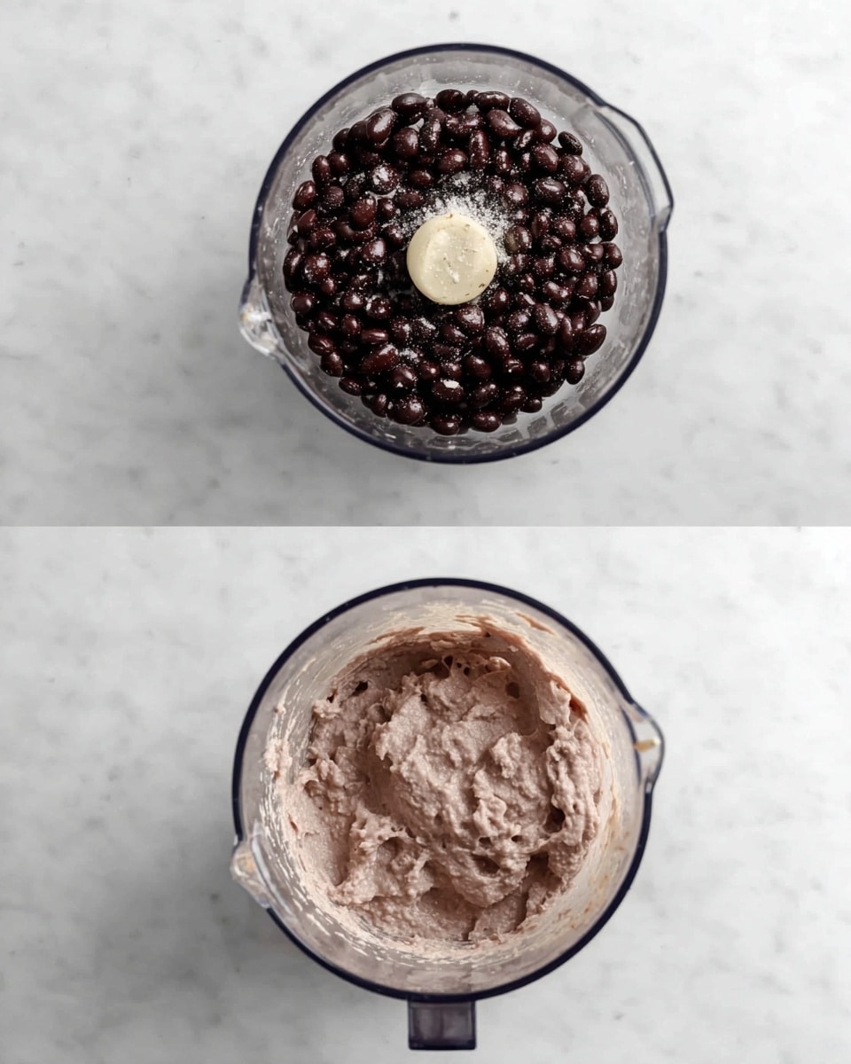 The image shows two vertical frames on a white marbled surface. The top frame is an overhead view of a clear blender bowl filled with whole black beans, a peeled clove of garlic, and some coarse salt sprinkled on top. The beans are shiny and dark, covering the bottom with a rough texture. In the lower frame, the same blender bowl is shown after blending, now containing a thick, light purple-beige paste with a creamy, slightly chunky texture spread evenly across the bottom. Photo taken with an iphone --ar 4:5 --v 7