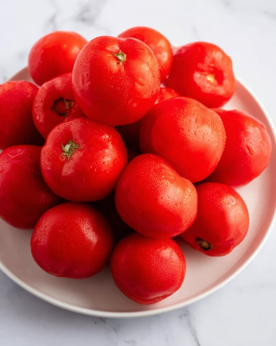 A white plate filled with many peeled bright red tomatoes stacked in a small pile. The tomatoes have smooth, shiny skin with small green stems visible on top of some. The plate is placed on a white marbled surface, adding a clean and fresh look to the image. photo taken with an iphone --ar 4:5 --v 7